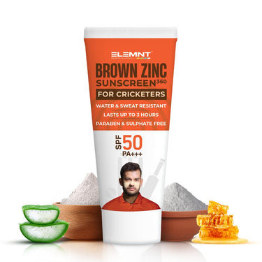 Elemnt Brown Zinc Sunscreen for Cricketers | SPF 50 Zinc Suncream, Broad Spectrum PA+++ with Aloe Vera | Formulated For Heavy Sun Exposure | Water Resistant Sunscreen for Cricketers & Sports| Men & Women | 50+50 GM